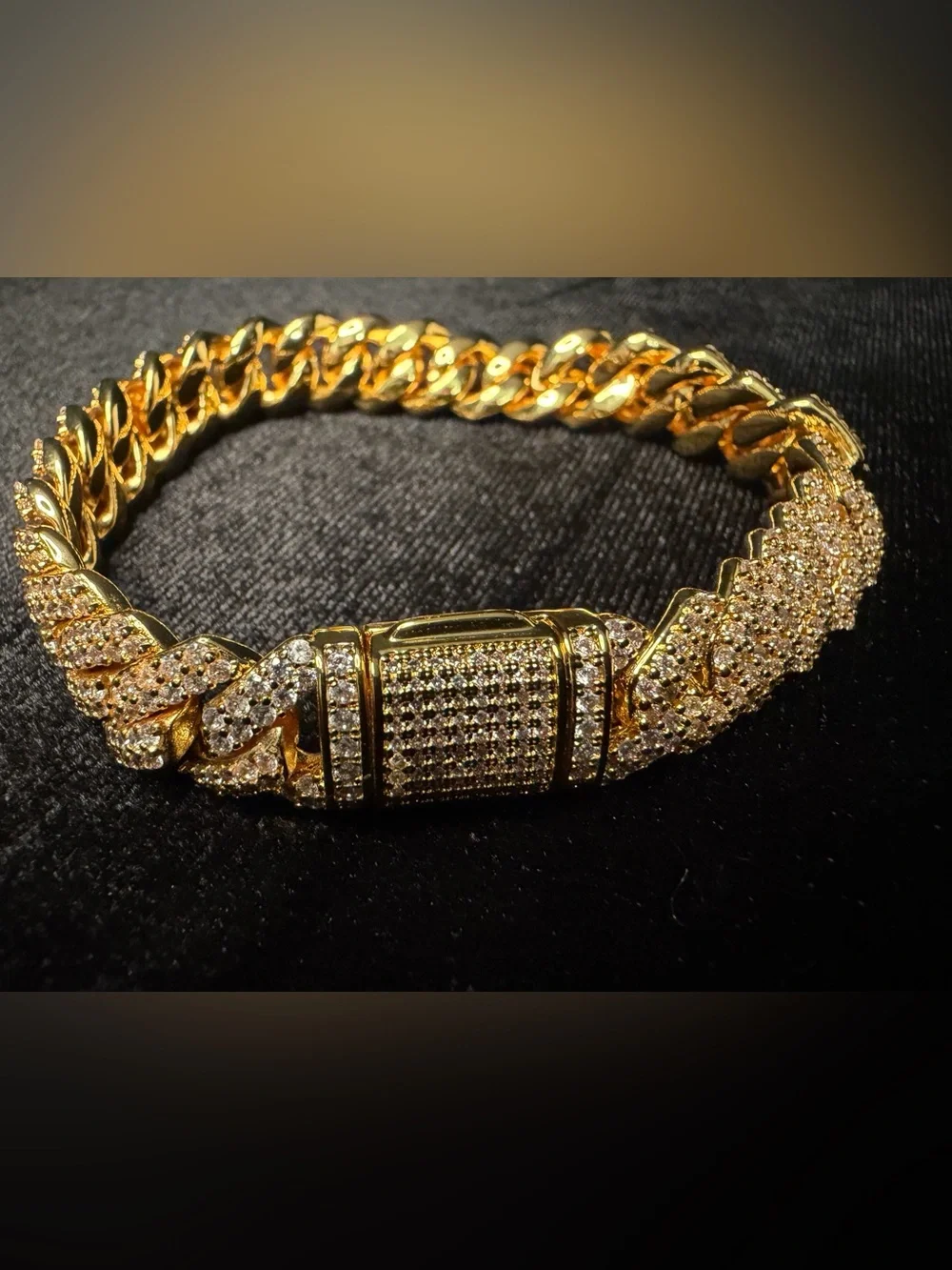 14K Stamped Gold Finish AAA CZ Iced Out Cuban Link 8in 12MM Bracelet Lock Box